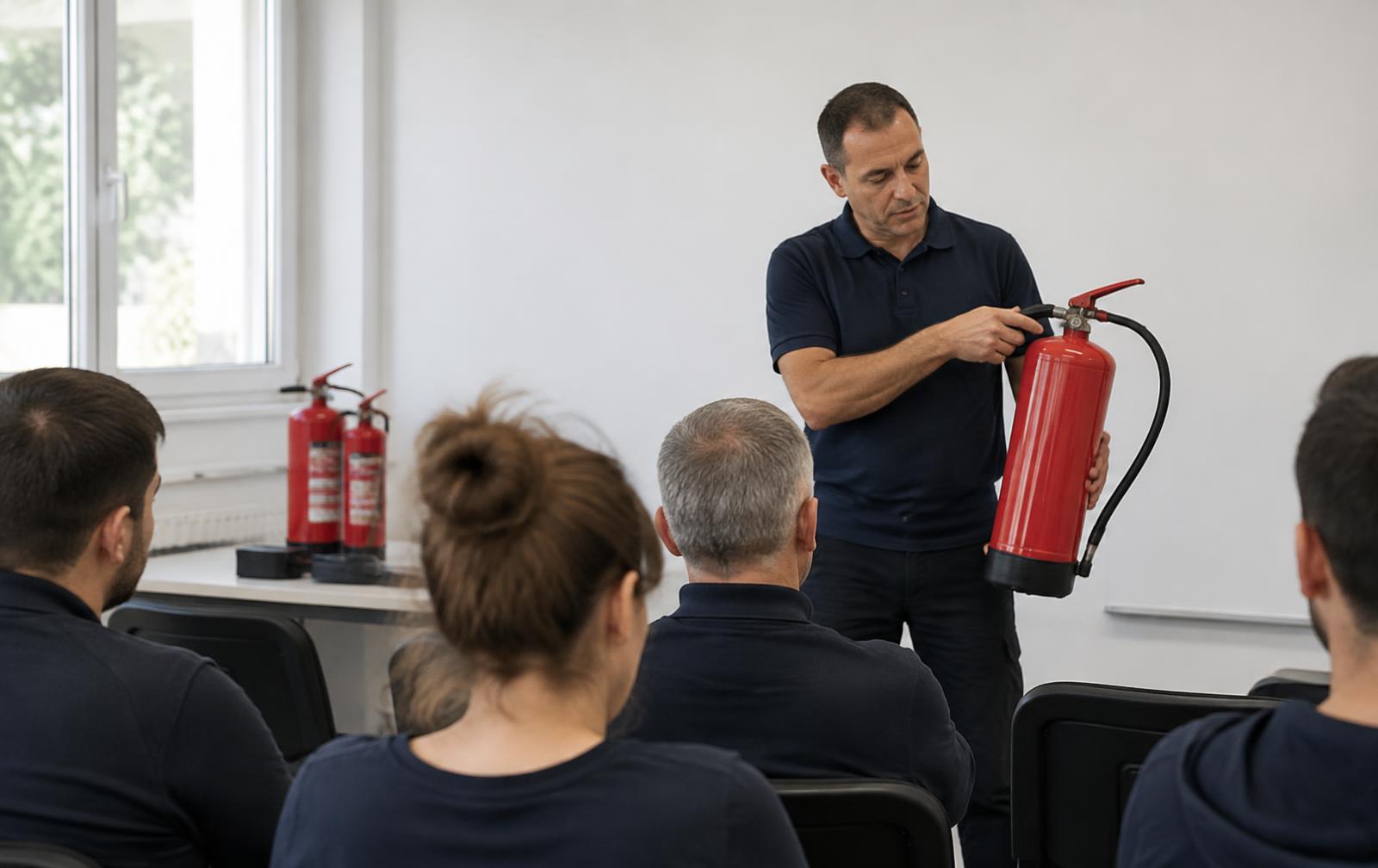 Formateur présentant l'utilisation d'un extincteur à un groupe de stagiaires en salle de formation